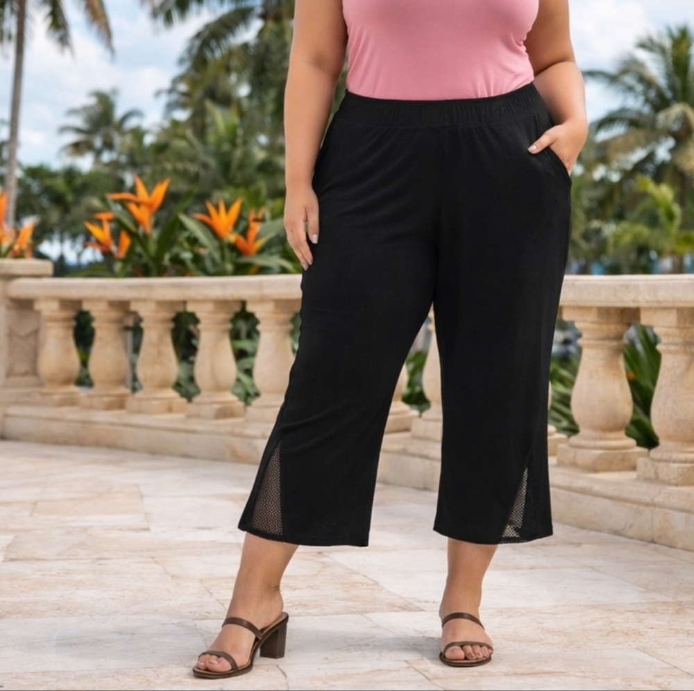 Sympli Black Wide Leg Cropped Pants Size 0G/1X | Stretch Pull-On Minimalist Chic